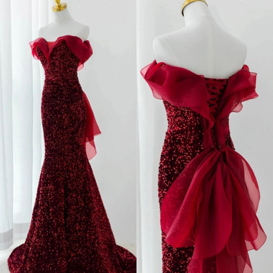 Red V-neck backless lace-up long fishtail sequin birthday party prom dress