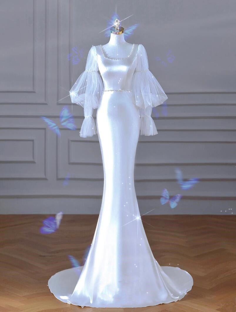 Luxurious fishtail soft satin elegant square neck long sleeve small tail bridal gown prom dress