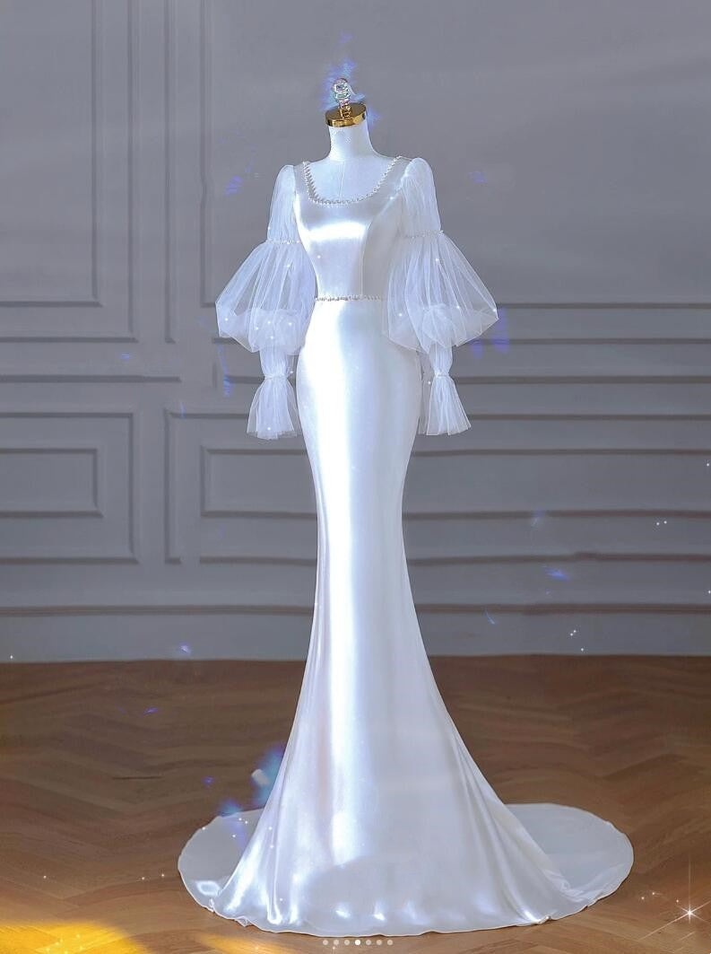 Luxurious fishtail soft satin elegant square neck long sleeve small tail bridal gown prom dress