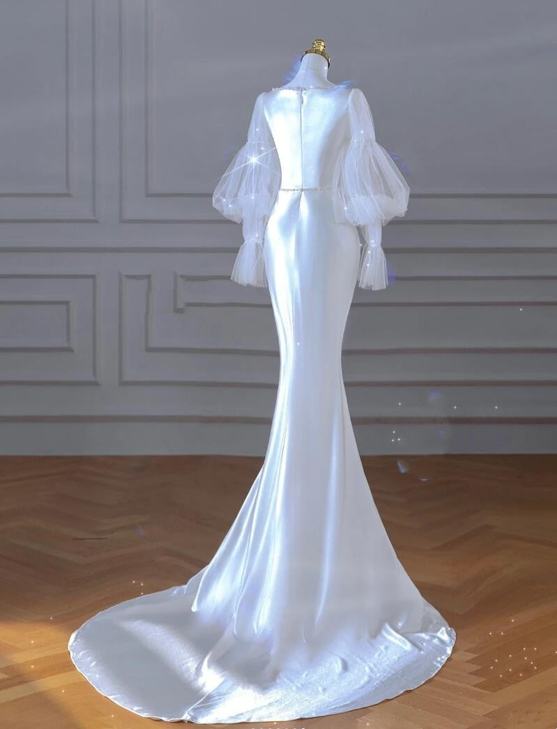 Luxurious fishtail soft satin elegant square neck long sleeve small tail bridal gown prom dress