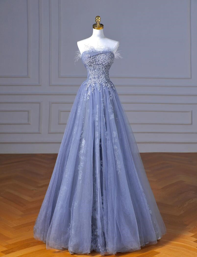 A Line Puff Sleeve Formal Party Evening Gown Custom Gray Blue Prom Gown Glittery High Slit Sweetheart Floral