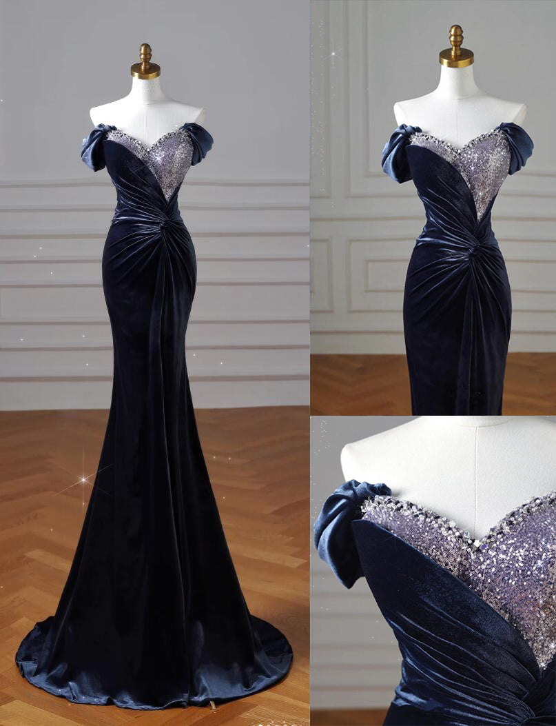 Dark Blue Stretch Ding Mermaid Evening Gown Sweetheart Pleated Long Ball Gown Beaded Women's Pageant Gown