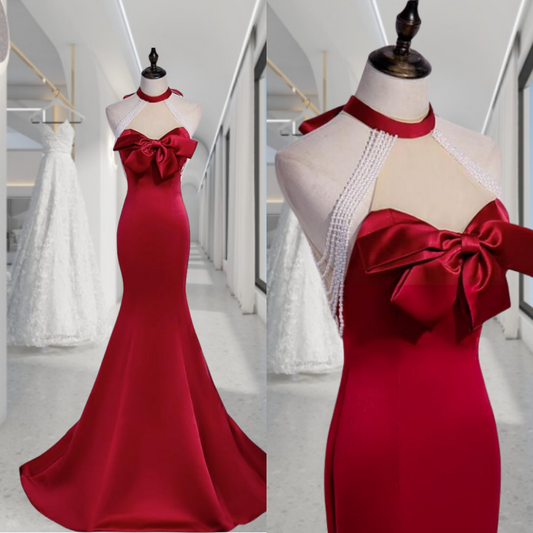 Red Mermaid Beaded Strapless Tie Back Soft Satin Long Party Dress