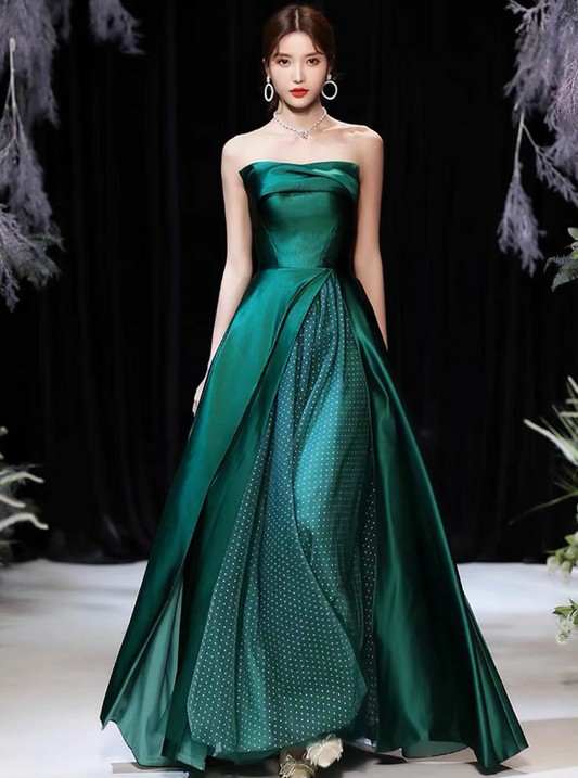 Dark Green Satin Long Prom Dress, Beautiful A-Line Strapless Evening Party Dress