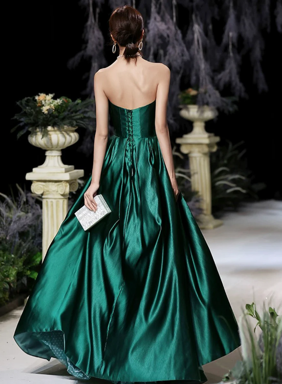 Dark Green Satin Long Prom Dress, Beautiful A-Line Strapless Evening Party Dress