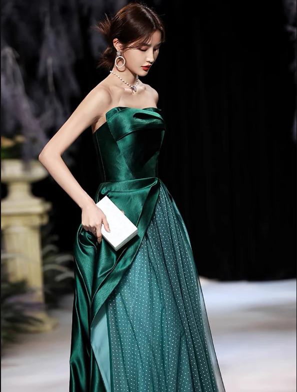 Dark Green Satin Long Prom Dress, Beautiful A-Line Strapless Evening Party Dress