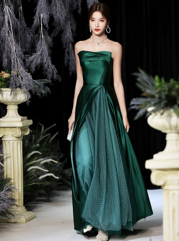 Dark Green Satin Long Prom Dress, Beautiful A-Line Strapless Evening Party Dress