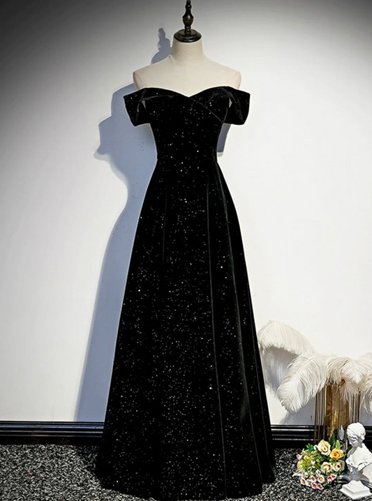 Black Velvet Long Prom Dress, Black Off the Shoulder Evening Party Dress