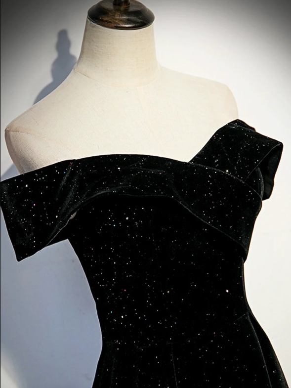 Black Velvet Long Prom Dress, Black Off the Shoulder Evening Party Dress