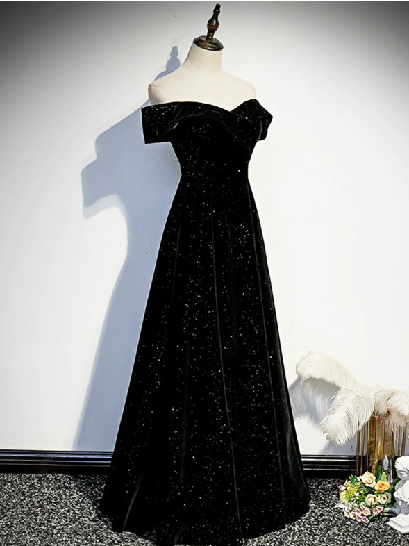 Black Velvet Long Prom Dress, Black Off the Shoulder Evening Party Dress