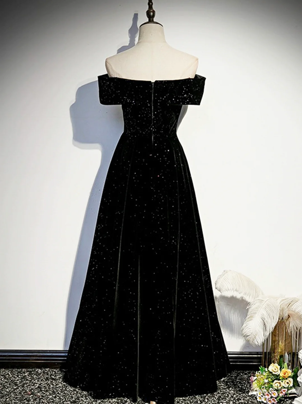 Black Velvet Long Prom Dress, Black Off the Shoulder Evening Party Dress