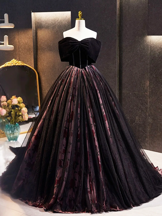 Black Velvet Tulle Long Prom Dress with Rose Print Pattern, Elegant Off the Shoulder Party Dress