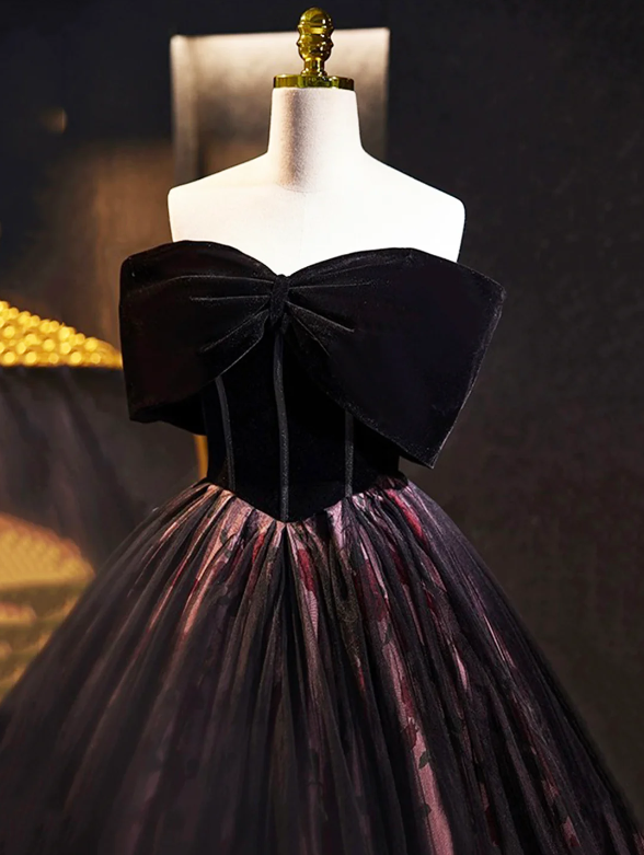 Black Velvet Tulle Long Prom Dress with Rose Print Pattern, Elegant Off the Shoulder Party Dress