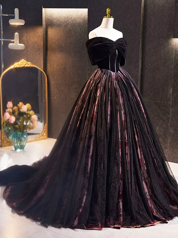 Black Velvet Tulle Long Prom Dress with Rose Print Pattern, Elegant Off the Shoulder Party Dress