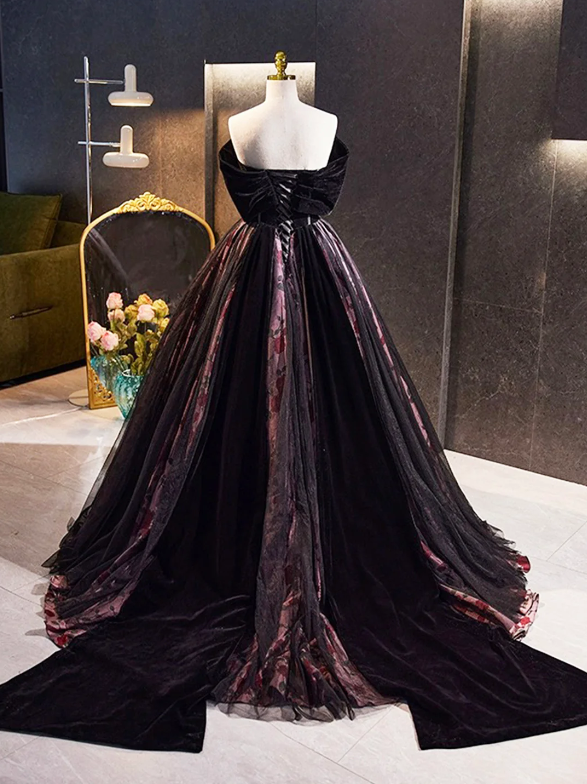 Black Velvet Tulle Long Prom Dress with Rose Print Pattern, Elegant Off the Shoulder Party Dress