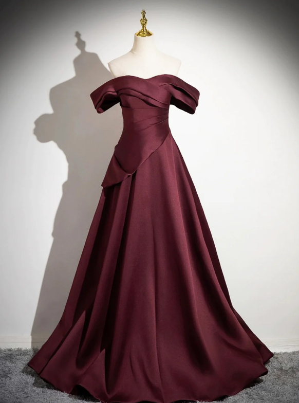 Dark Burgundy Satin Long Prom Dress, A-Line Off the Shoulder Evening Party Dress