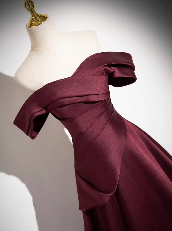 Dark Burgundy Satin Long Prom Dress, A-Line Off the Shoulder Evening Party Dress