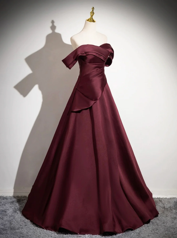 Dark Burgundy Satin Long Prom Dress, A-Line Off the Shoulder Evening Party Dress