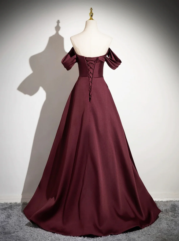 Dark Burgundy Satin Long Prom Dress, A-Line Off the Shoulder Evening Party Dress