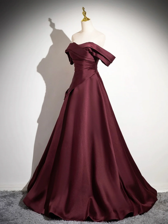 Dark Burgundy Satin Long Prom Dress, A-Line Off the Shoulder Evening Party Dress