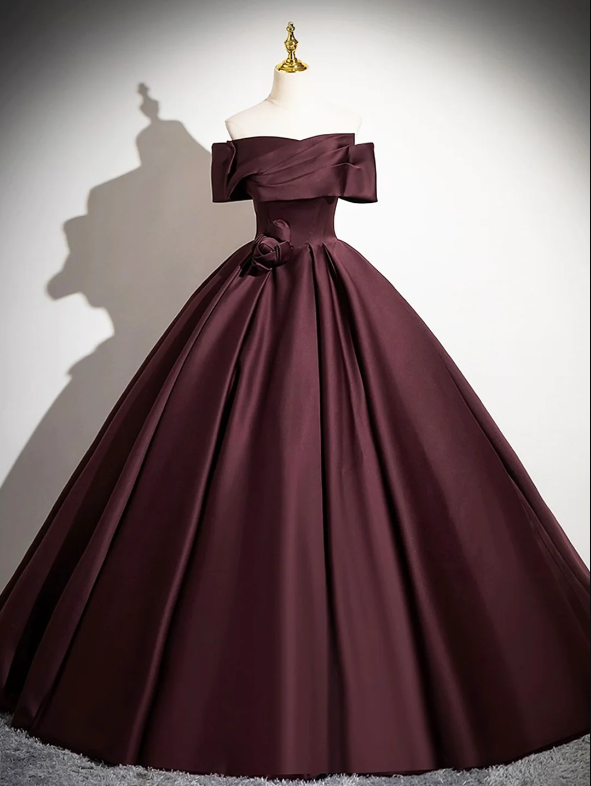 Dark Burgundy Satin Long Prom Dress, Elegant A-Line Off the Shoulder Evening Party Dress