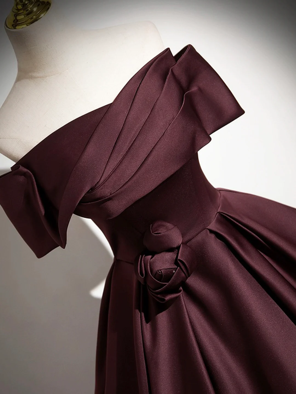 Dark Burgundy Satin Long Prom Dress, Elegant A-Line Off the Shoulder Evening Party Dress