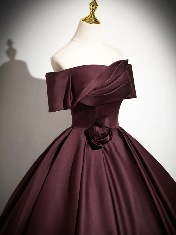 Dark Burgundy Satin Long Prom Dress, Elegant A-Line Off the Shoulder Evening Party Dress