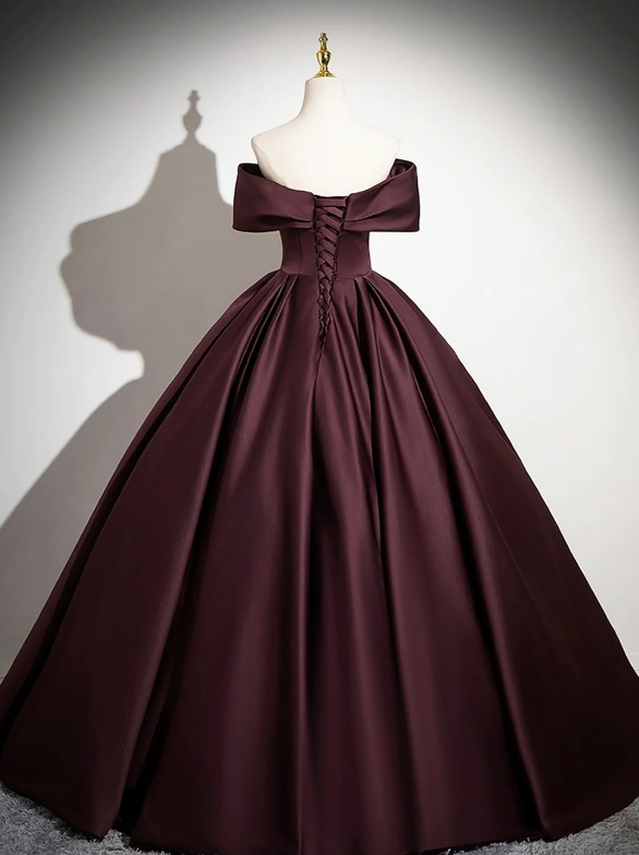 Dark Burgundy Satin Long Prom Dress, Elegant A-Line Off the Shoulder Evening Party Dress