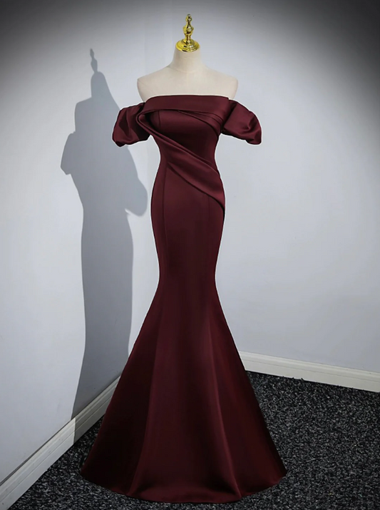 Burgundy Satin Long Prom Dress, Mermaid Off the Shoulder Evening Party Dress