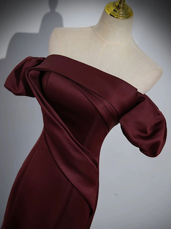 Burgundy Satin Long Prom Dress, Mermaid Off the Shoulder Evening Party Dress