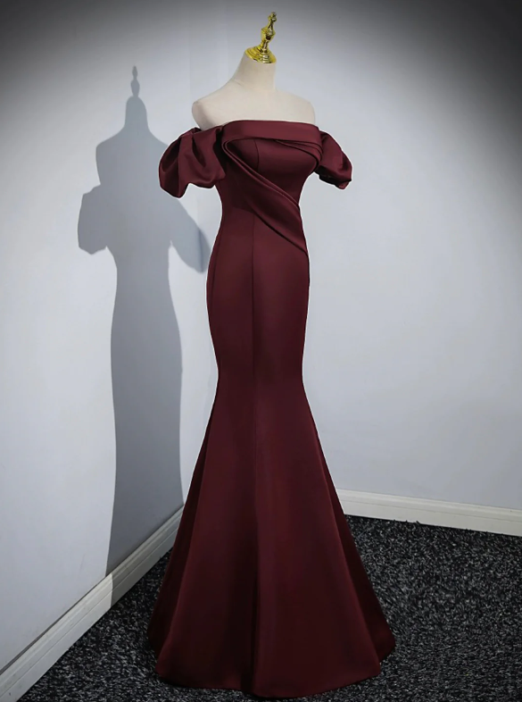 Burgundy Satin Long Prom Dress, Mermaid Off the Shoulder Evening Party Dress