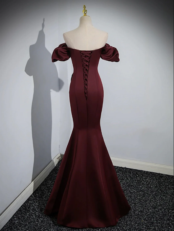 Burgundy Satin Long Prom Dress, Mermaid Off the Shoulder Evening Party Dress