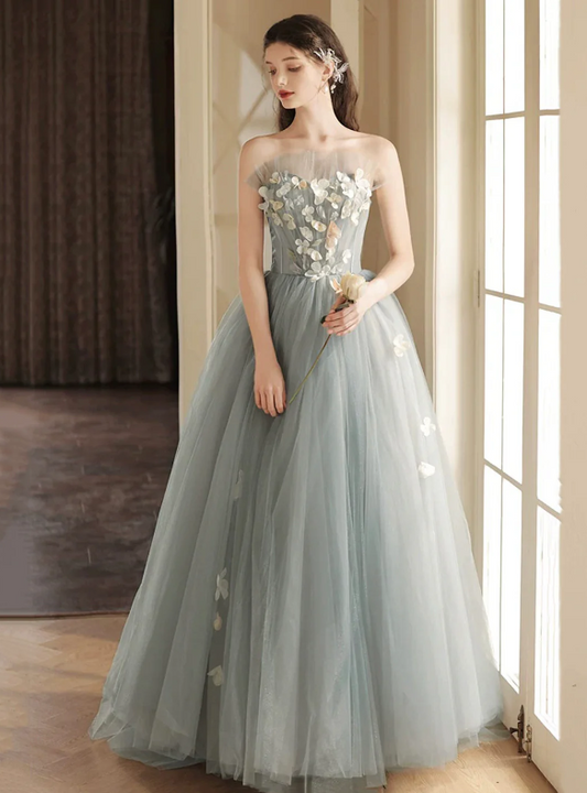 Gray Tulle Strapless Long Prom Dress, Lovely A-Line Sweetheart Neck Party Dress