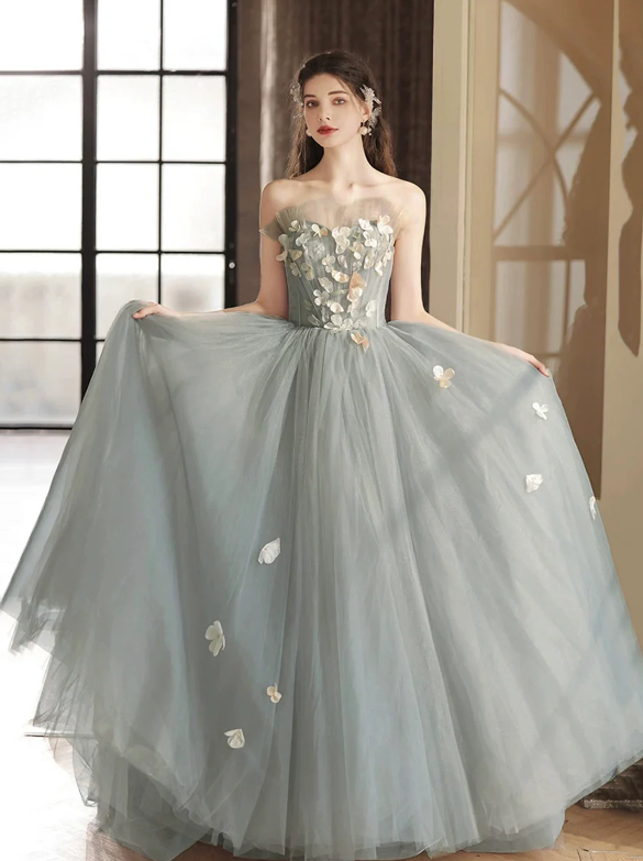 Gray Tulle Strapless Long Prom Dress, Lovely A-Line Sweetheart Neck Party Dress