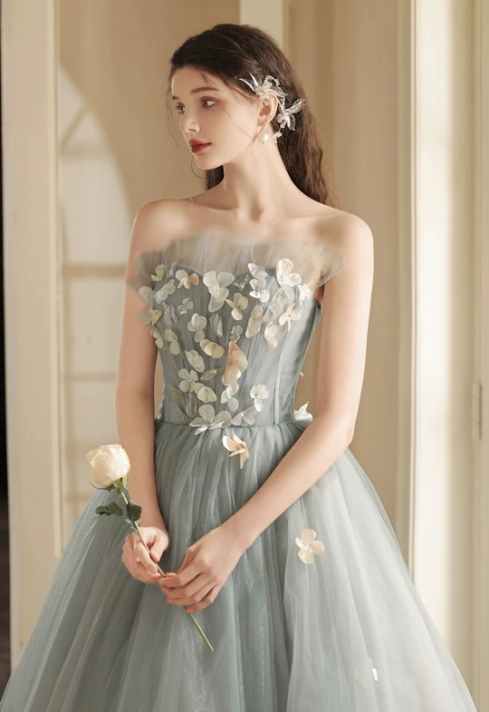 Gray Tulle Strapless Long Prom Dress, Lovely A-Line Sweetheart Neck Party Dress