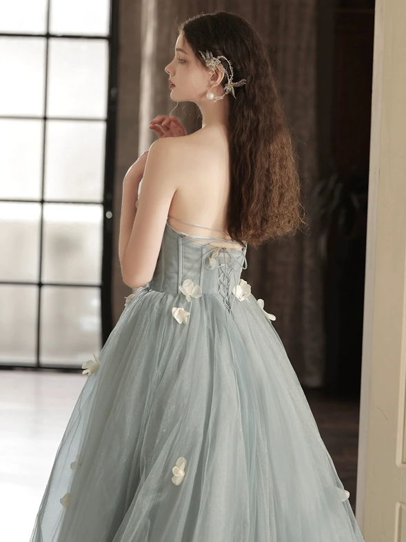 Gray Tulle Strapless Long Prom Dress, Lovely A-Line Sweetheart Neck Party Dress