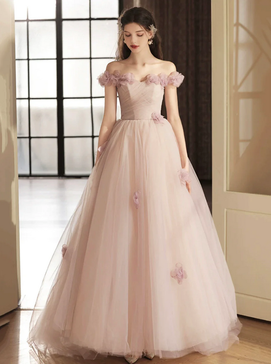 Beautiful Tulle Long Prom Dress with Flowers, A-Line Off the Shoulder Evening Party Dress