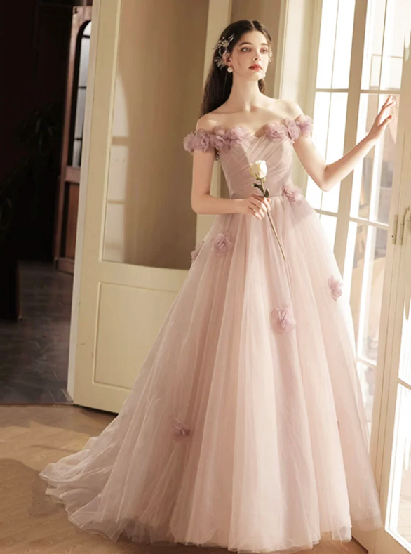 Beautiful Tulle Long Prom Dress with Flowers, A-Line Off the Shoulder Evening Party Dress