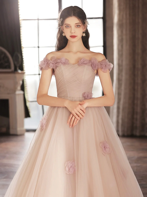 Beautiful Tulle Long Prom Dress with Flowers, A-Line Off the Shoulder Evening Party Dress