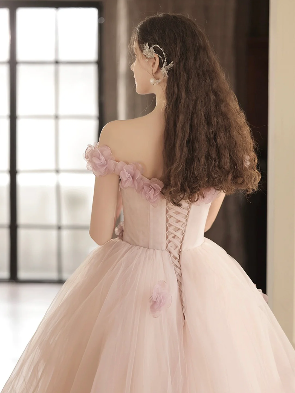 Beautiful Tulle Long Prom Dress with Flowers, A-Line Off the Shoulder Evening Party Dress