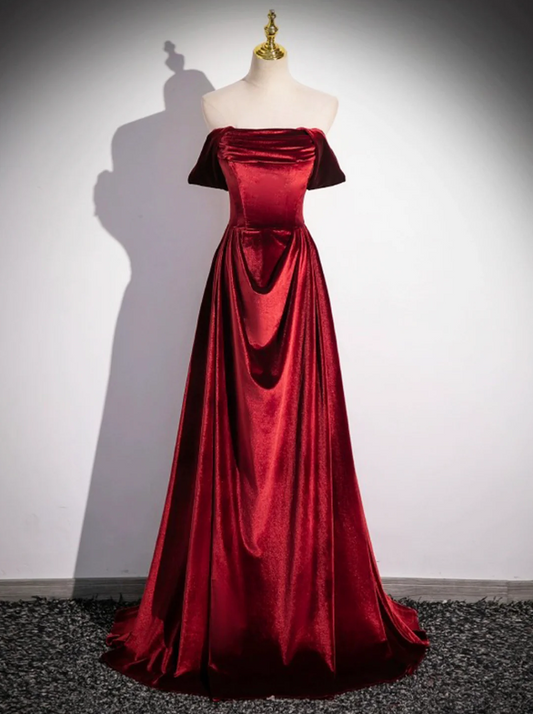 Burgundy Velvet Long Prom Dress, Elegant A-Line Off the Shoulder Party Dress