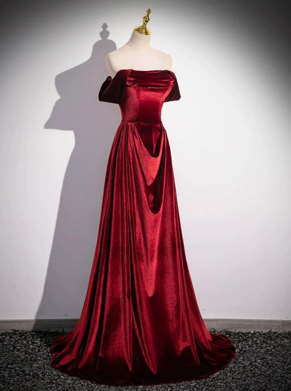 Burgundy Velvet Long Prom Dress, Elegant A-Line Off the Shoulder Party Dress