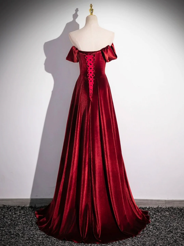 Burgundy Velvet Long Prom Dress, Elegant A-Line Off the Shoulder Party Dress