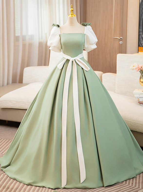 White and Green Satin Long Prom Dress, A-Line Short Sleeve Evening Party Dress