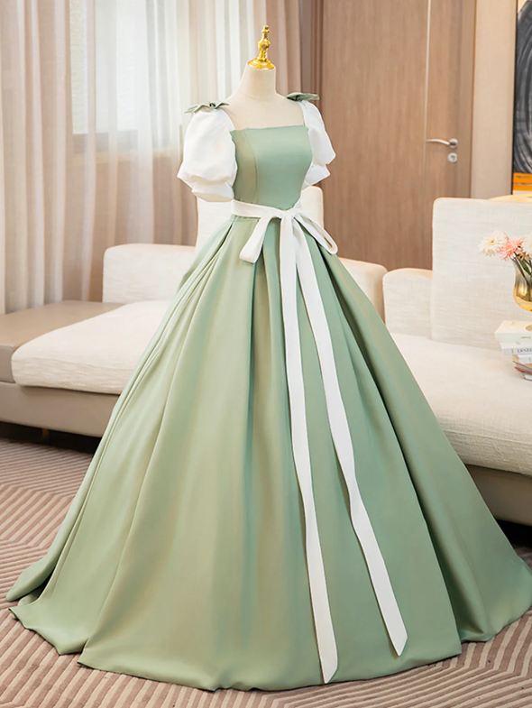 White and Green Satin Long Prom Dress, A-Line Short Sleeve Evening Party Dress