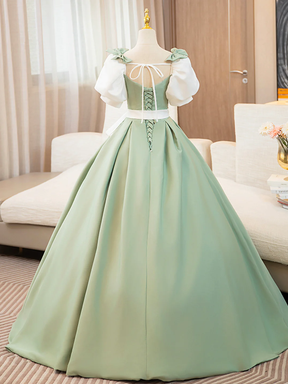 White and Green Satin Long Prom Dress, A-Line Short Sleeve Evening Party Dress