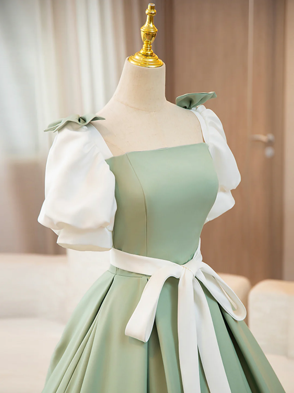 White and Green Satin Long Prom Dress, A-Line Short Sleeve Evening Party Dress