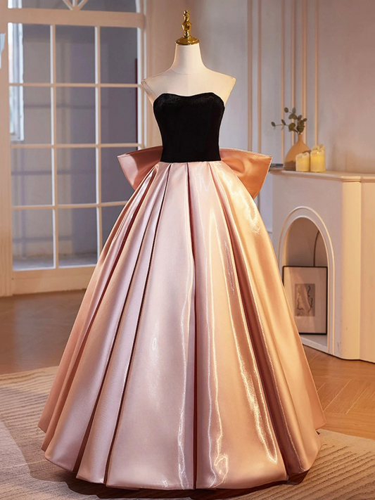 Black Velvet and Pink Satin Floor Length Prom Dress, Beautiful A-Line Strapless Party Dress