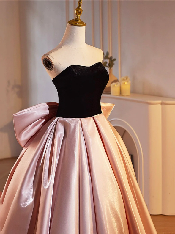 Black Velvet and Pink Satin Floor Length Prom Dress, Beautiful A-Line Strapless Party Dress