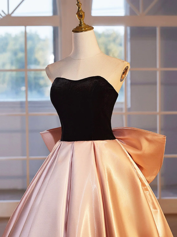 Black Velvet and Pink Satin Floor Length Prom Dress, Beautiful A-Line Strapless Party Dress